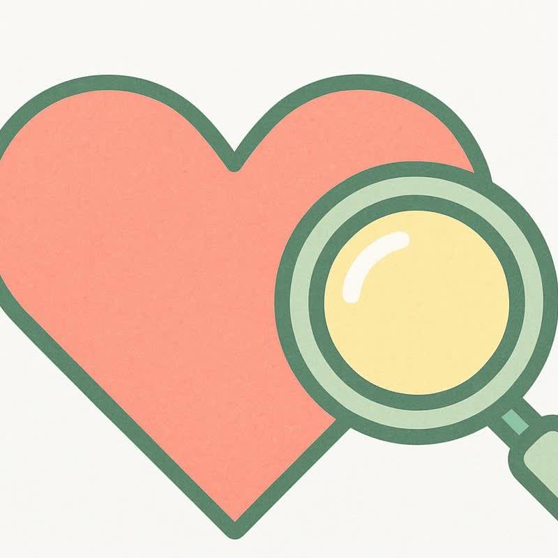 A red heart icon partially covered by a green-framed magnifying glass.