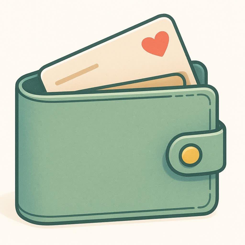 An illustration of a green wallet with a cream-colored card sticking out, featuring a red heart on the card.