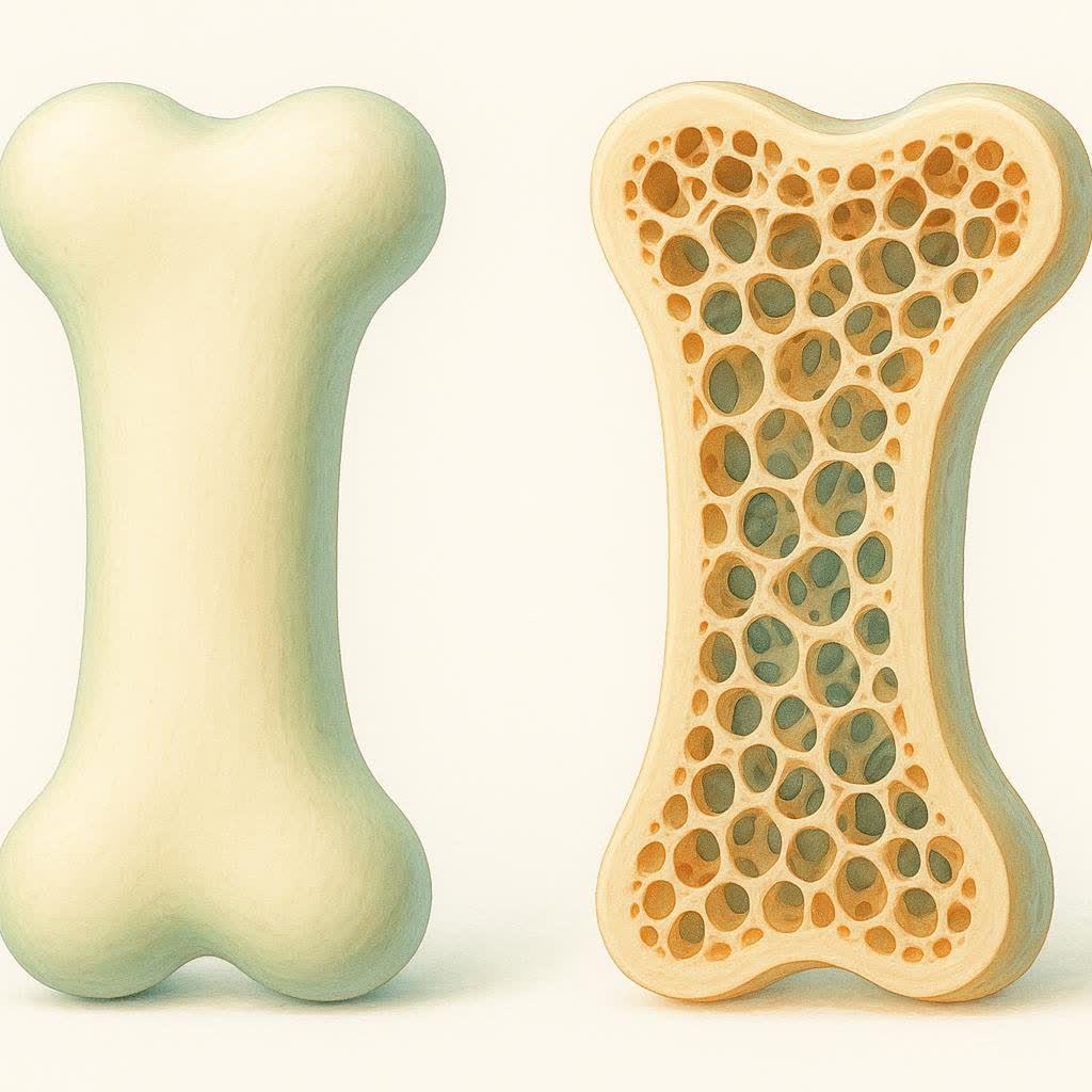 A 3D rendering comparing a strong, dense bone with a weak, porous bone.
