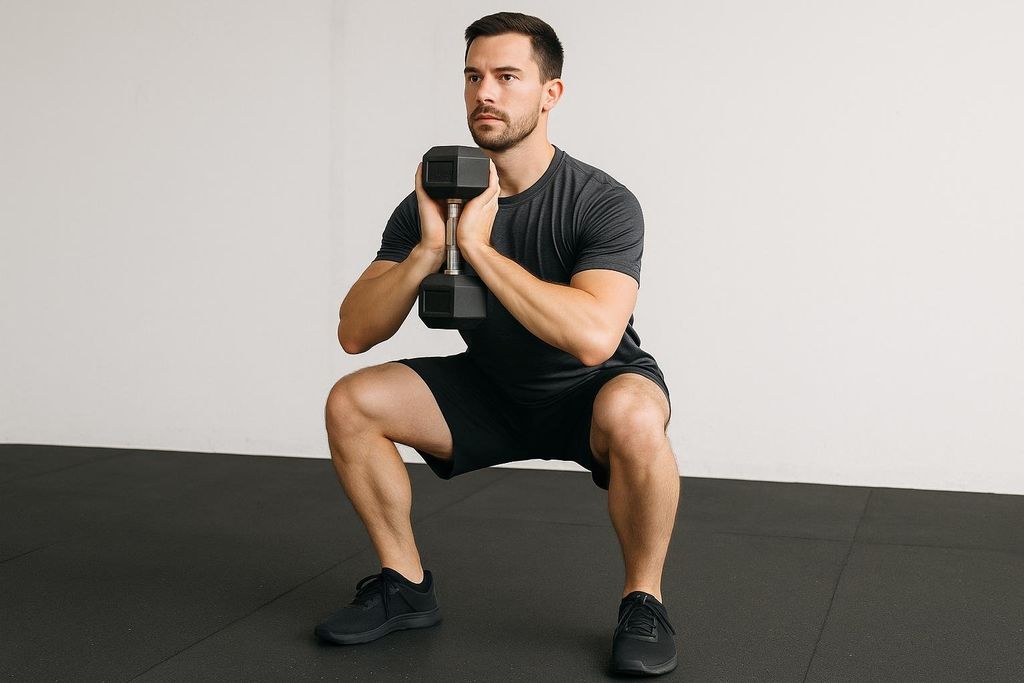 A man demonstrates the correct form for a goblet squat, holding a single dumbbell vertically against his chest while in the lowered position of the squat.