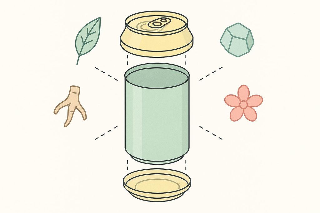 An illustration showing the components of a relax drink, with icons for ingredients like L-theanine (leaf), ashwagandha (root), a geometric symbol (perhaps for magnesium or other mineral), and a flower floating around an exploded view of a beverage can.
