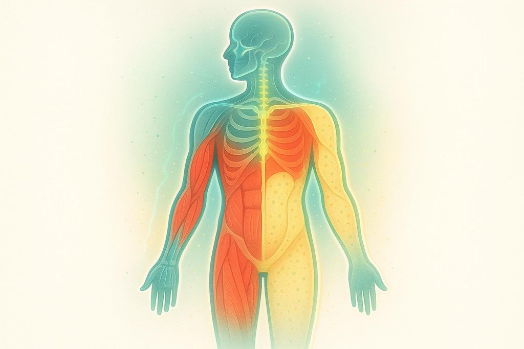 An illustration of a human silhouette showing various body compositions. One side highlights the skeletal (blue) and muscular systems (red), while the other side shows skeletal (blue) and fat regions (yellow).