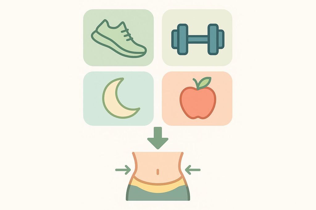 An infographic showing four icons at the top representing exercise (a running shoe), weightlifting (a dumbbell), sleep (a crescent moon), and healthy eating (an apple). A green arrow points down from these to an illustration of a waist with arrows pointing inward, indicating a reduction in waist size or visceral fat.