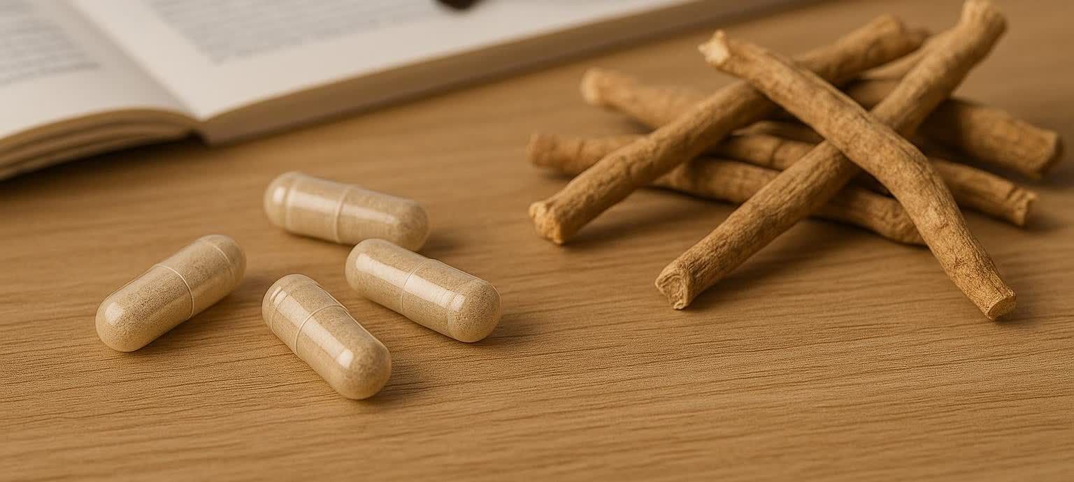 Ashwagandha supplement capsules and dried ashwagandha roots are displayed on a light brown wooden surface. An open book with blurred text is visible in the background.