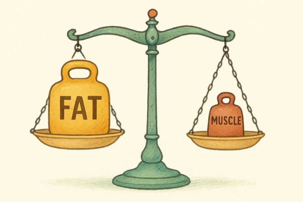 An illustration of an old-fashioned balance scale. On the left, a large, yellow weight labeled 'FAT' pulls the scale down. On the right, a smaller, red weight labeled 'MUSCLE' is elevated, indicating that 'FAT' is heavier.