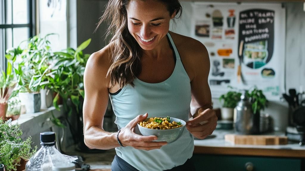 A smiling woman in a light blue tank top holds a bowl of grain-based healthy food and a spoon, about to take a bite. She is standing in a kitchen with plants in the background.