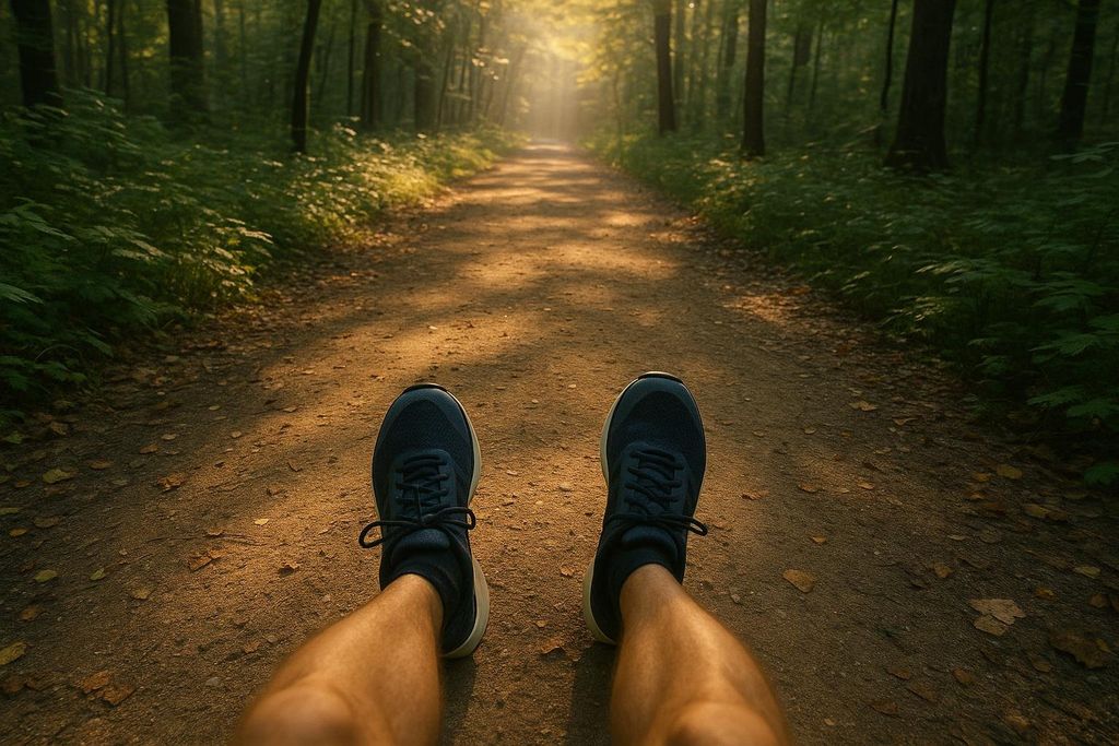 A runner's first-person view, looking down at their legs and dark blue running shoes on a peaceful, sun-dappled forest trail.