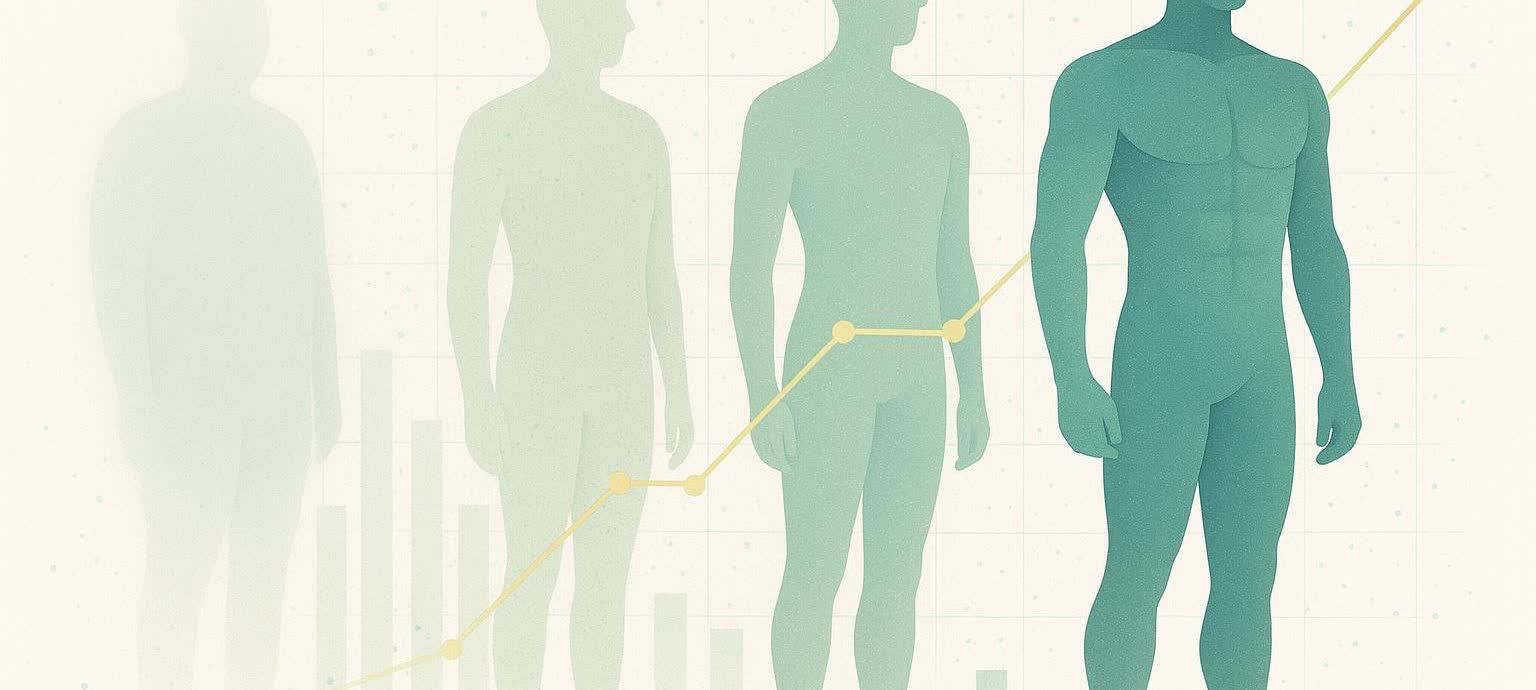 Abstract illustration showing four human figures, progressively more defined, on a graph, representing progress in body recomposition.