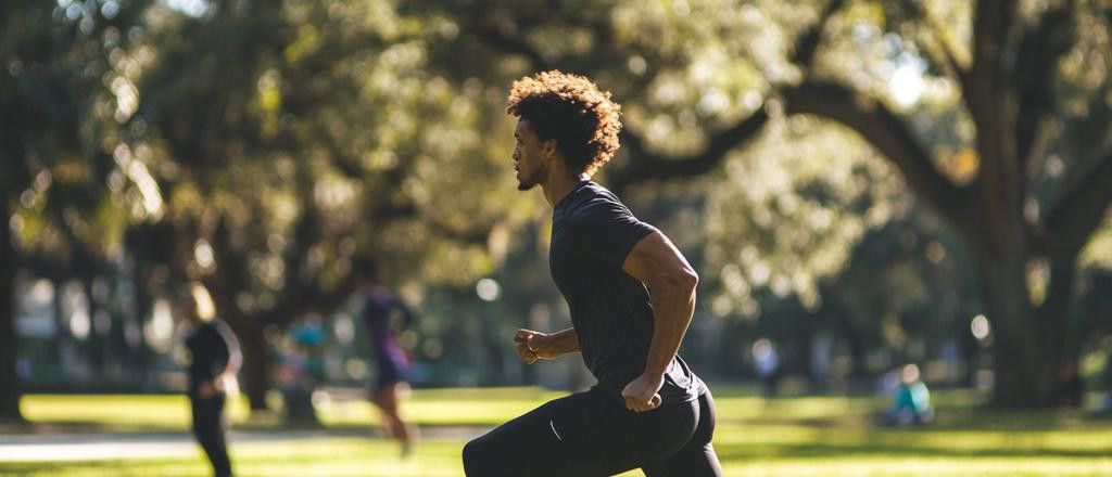 A man with curly hair running in a park, wearing black workout clothes.