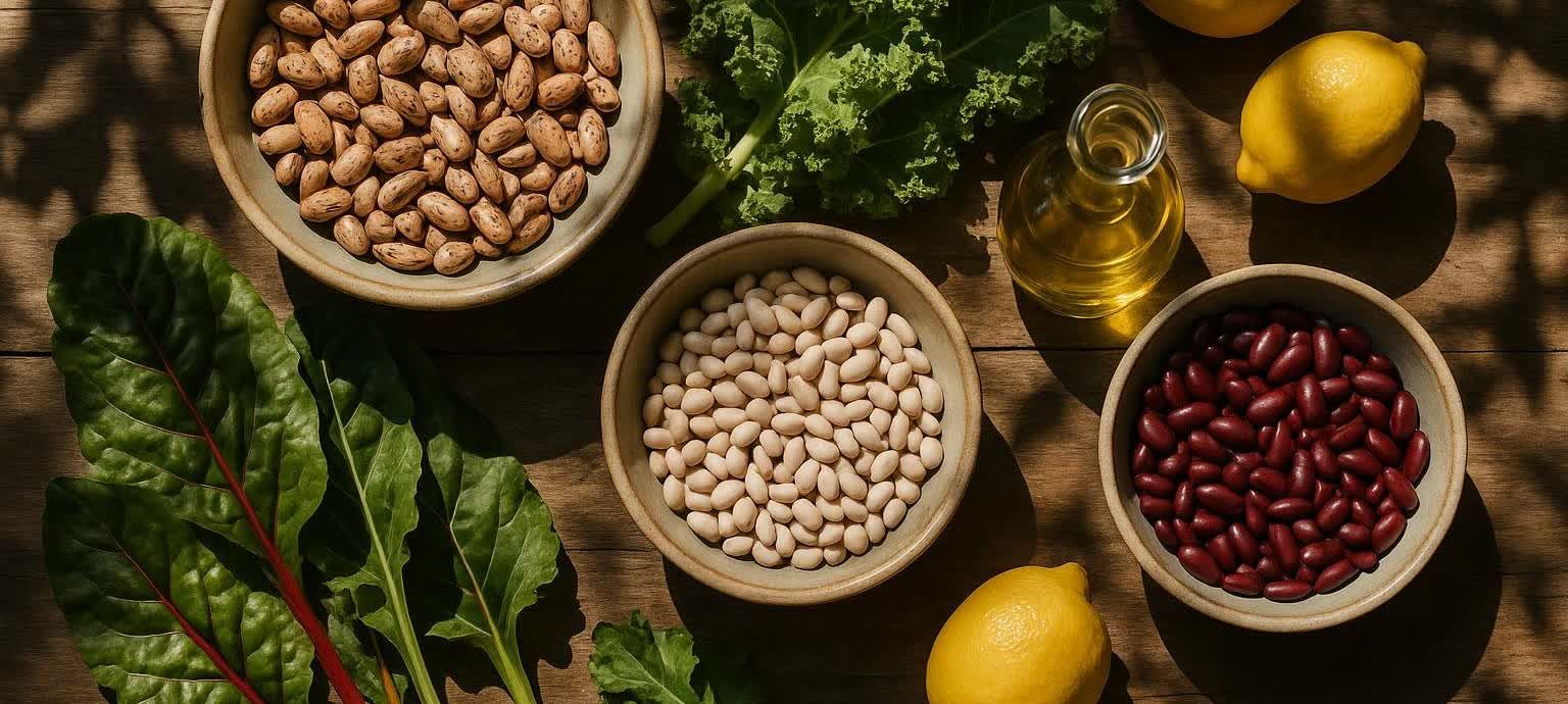 A rustic table spread featuring Blue Zone staples including bowls of pinto beans, white beans, and red kidney beans, along with green kale, Swiss chard, olive oil, and lemons. Sunlight casts dappled shadows across the scene.