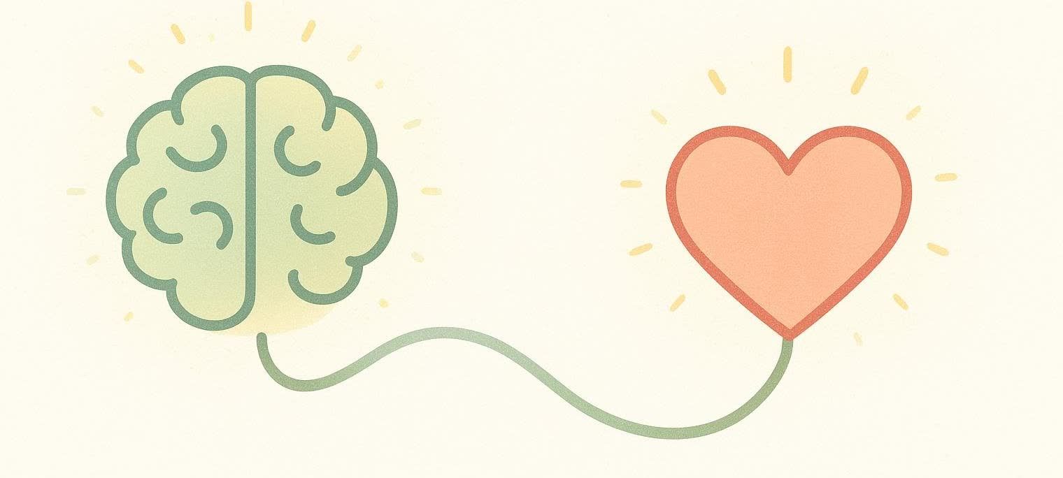 An illustration showing a glowing green brain connected by a wavy green line to a glowing pink heart, suggesting balance between mental and physical health.