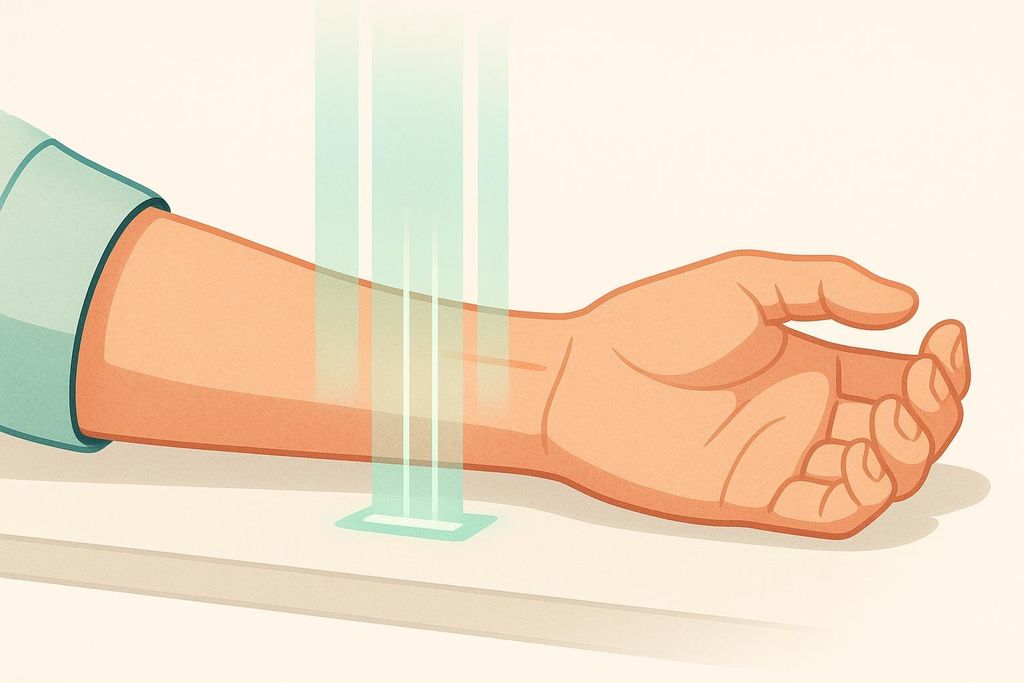 Illustration of a peripheral DEXA scan focusing on the wrist and forearm area.