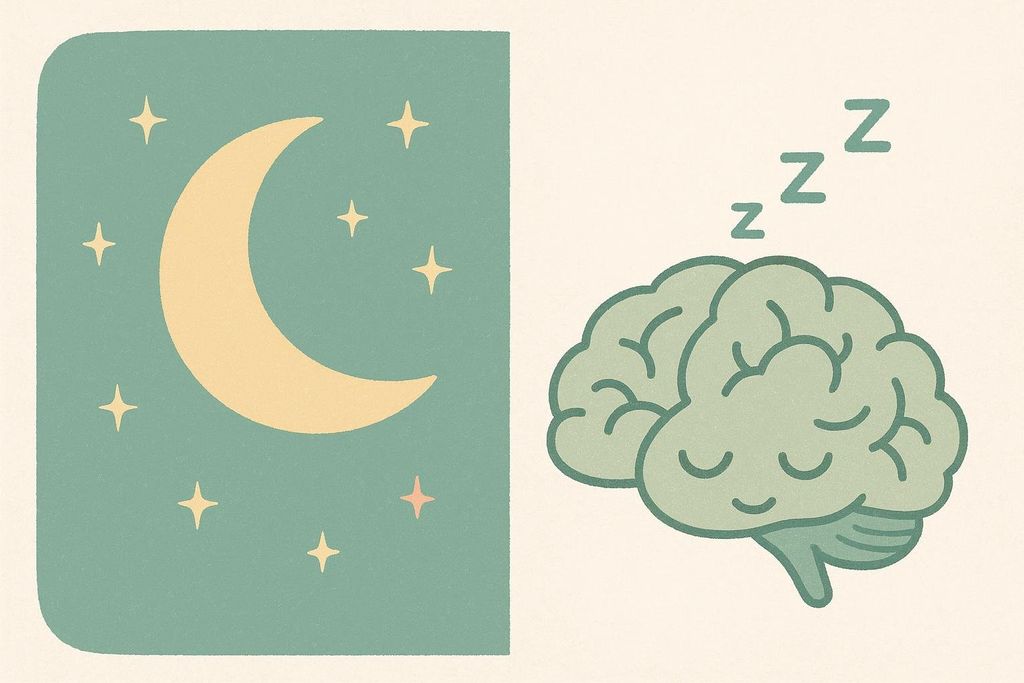 Illustration of a crescent moon and stars next to a cartoon brain with Z's floating above it, suggesting a good night's sleep.