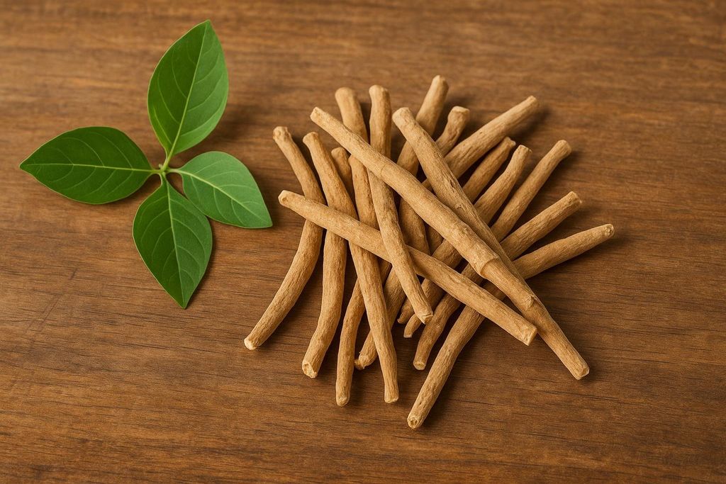 A pile of dried ashwagandha roots next to a sprig of green ashwagandha leaves on a wooden surface.
