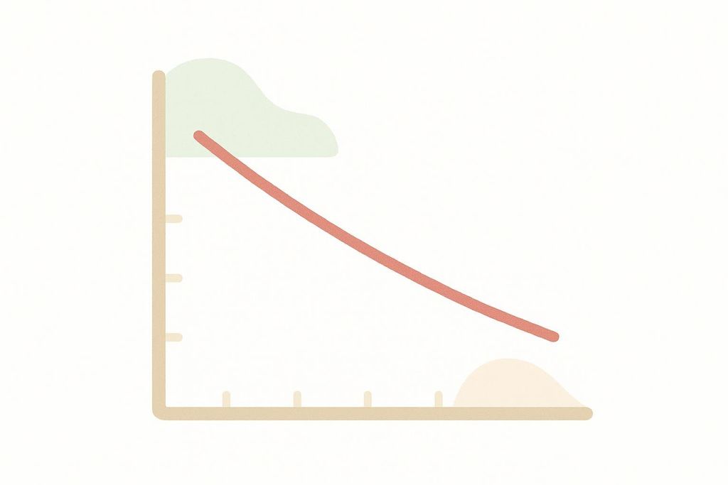 An abstract line graph in soft colors. A thick red line shows a gentle downward trend from the upper left to the lower right. Above the left part of the line is a light green cloud shape, and below the right part is a light beige mound shape. The graph visually represents gradual hormonal shifts occurring with age.