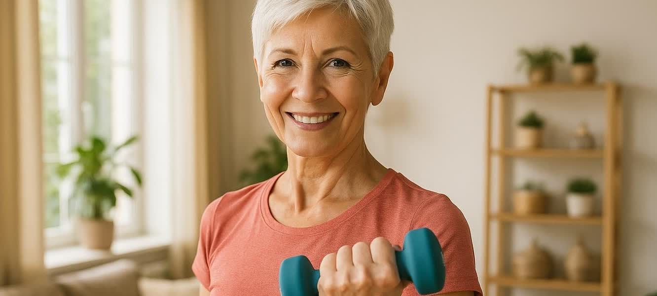 A mature woman with short grey hair and an orange shirt smiles brightly while holding a blue dumbbell. Sunlight streams in from a window in the background.