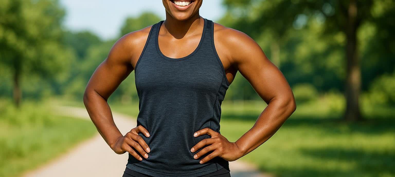 Confident person with toned legs outdoors, embodying the positive results of a fitness journey.