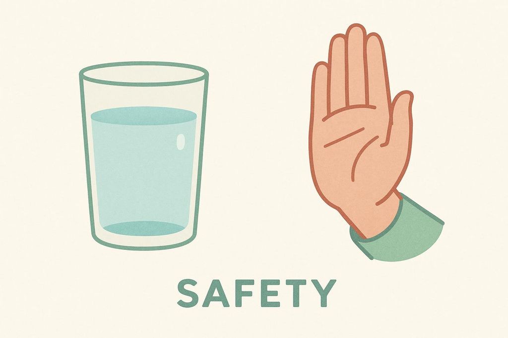 An illustration showing a glass of water next to a hand signaling 'stop'. The word 'SAFETY' is written below, emphasizing the theme of water safety.