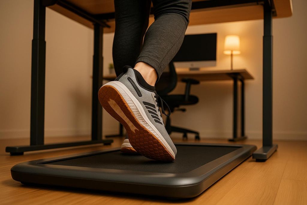A person's legs and feet, clad in grey athletic wear and sneakers, as they walk on a slim, black walking pad positioned under a light-colored wooden desk. In the blurred background, a computer monitor and a lit lamp are visible on the desk.