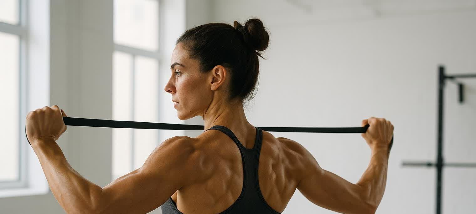 A woman viewed from the back and side, with well-defined shoulder and back muscles, exercising with a black resistance band.