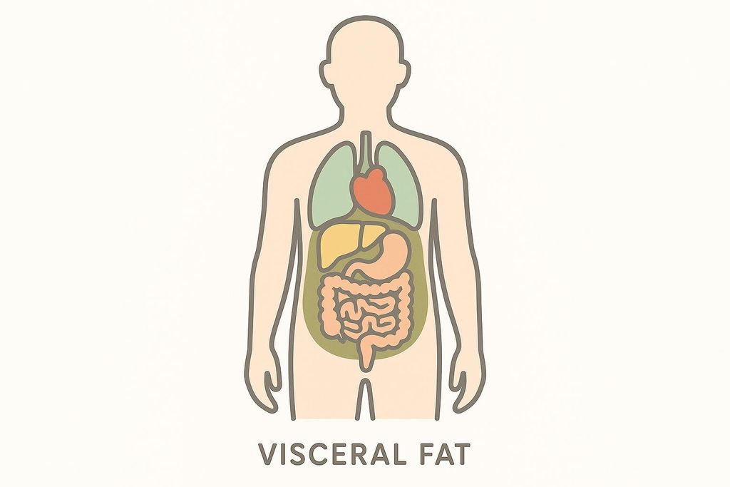A simplified diagram of the human torso showing internal organs (lungs, heart, liver, stomach, intestines) surrounded by a layer of yellowish-green fat, labeled "VISCERAL FAT" below.