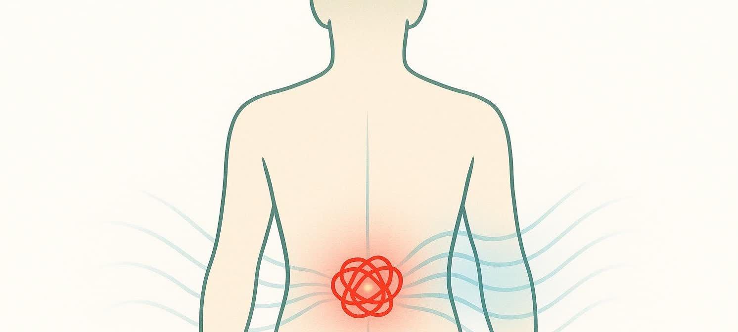 Minimalist illustration of a human figure from the back, showing a tight red knot in the lower back with swirling blue lines suggesting release or healing. The knot is radiating a red glow.
