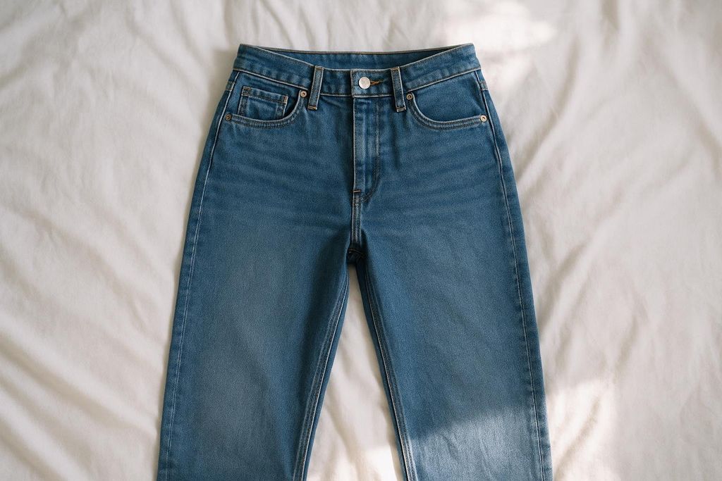 A pair of jeans laying flat on a bed.