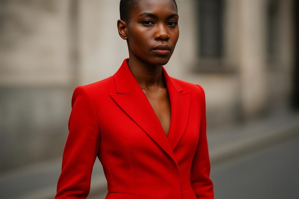 A dark-skinned woman with a short buzz cut looks directly at the camera. She wears a striking, well-tailored red blazer with a deep V-neck.