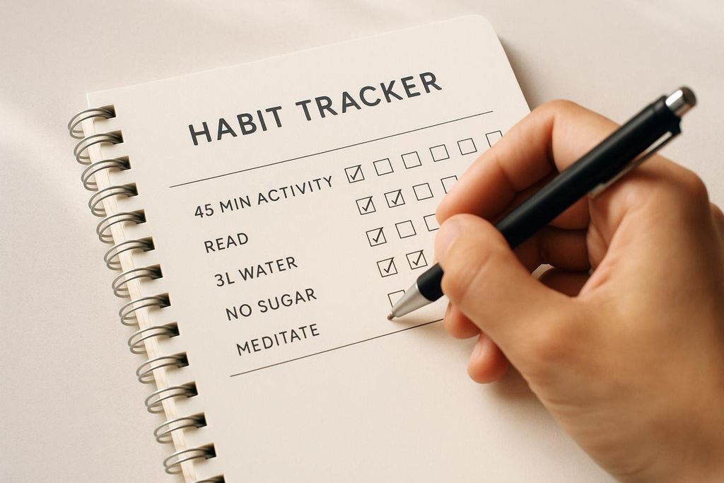 A hand using a pen to check off items on a physical habit tracker, which includes activities like '45 Min Activity', 'Read', '3L Water', 'No Sugar', and 'Meditate'.