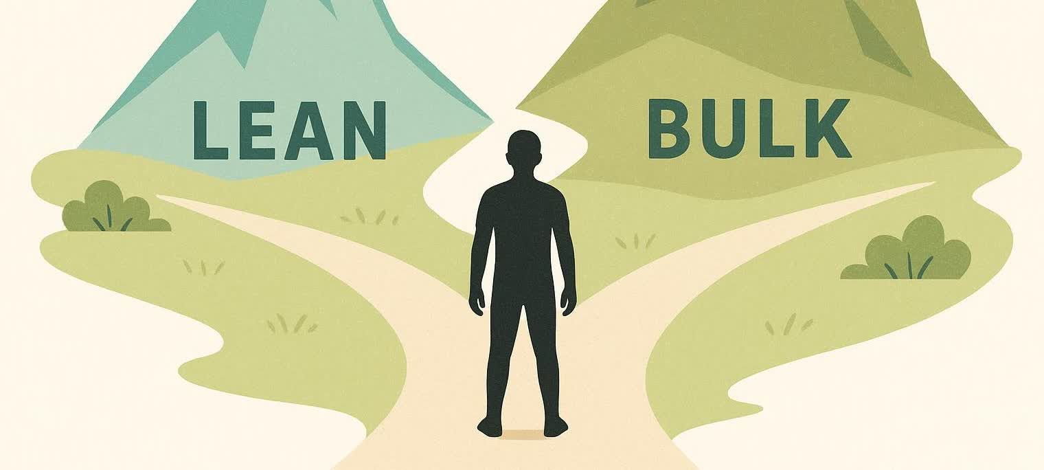 Illustration of a figure at a crossroads, with one path labeled "LEAN" leading to a thin mountain peak and the other path labeled "BULK" leading to a wider mountain peak.