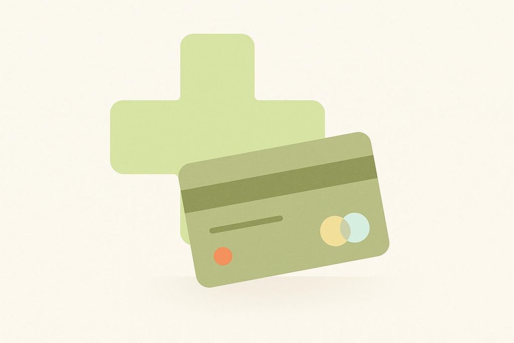 An abstract flat design icon depicting a green credit card overlapping a lighter green medical cross, symbolizing Flexible Spending Account (FSA) and Health Savings Account (HSA) payments for healthcare expenses.