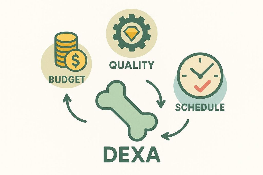 Icons representing budget, quality, and scheduling ease, with a bone graphic in the center labeled 'DEXA'. Arrows show these factors influencing the choice of a DEXA provider.