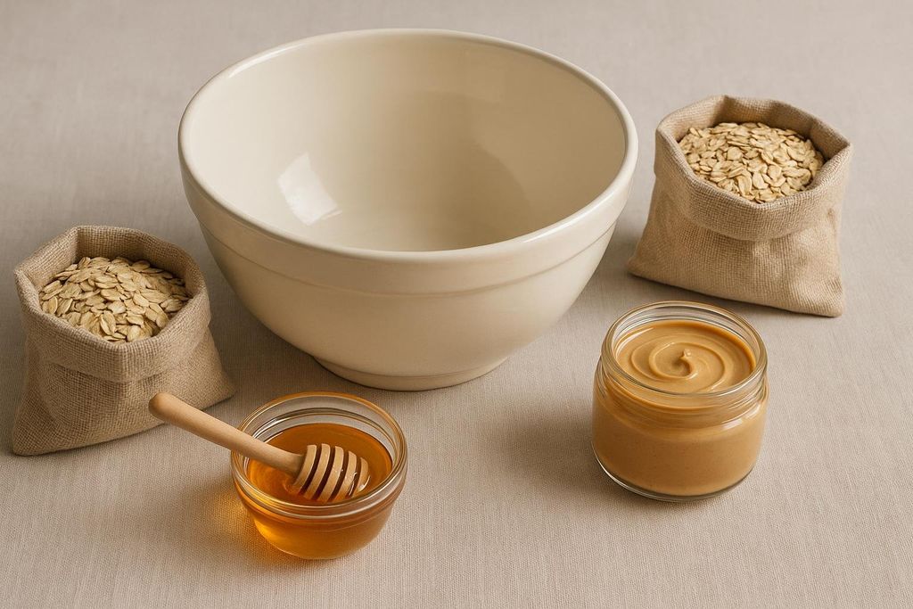 A beige mixing bowl centered on a light-colored surface, surrounded by healthy baking ingredients. To the left are a burlap sack of rolled oats and a small glass bowl of honey with a honey dipper. To the right are another burlap sack of rolled oats and a jar of peanut butter.