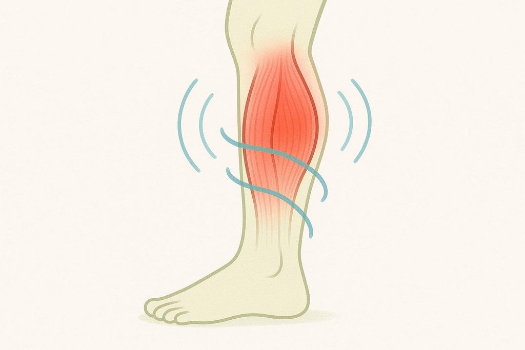 An illustration of a human lower leg and foot from the side. The calf muscle is highlighted in red, indicating soreness. Blue wavy lines, representing vibration waves, surround the calf, suggesting soothing or therapeutic action on the sore muscle.