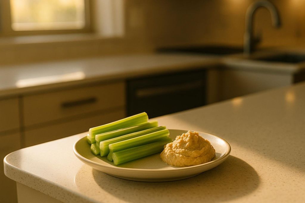 A white plate with several bright green celery sticks and a scoop of light brown hummus, sitting on a light-colored kitchen counter with a blurred background of a kitchen window and cabinets.