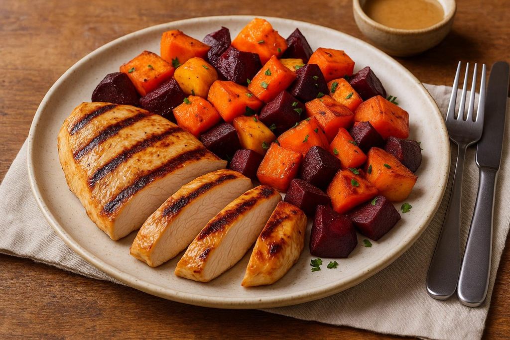 A plate of sliced grilled chicken breast served alongside roasted diced sweet potatoes and beets, garnished with fresh parsley. A small bowl of sauce and cutlery are visible in the background.