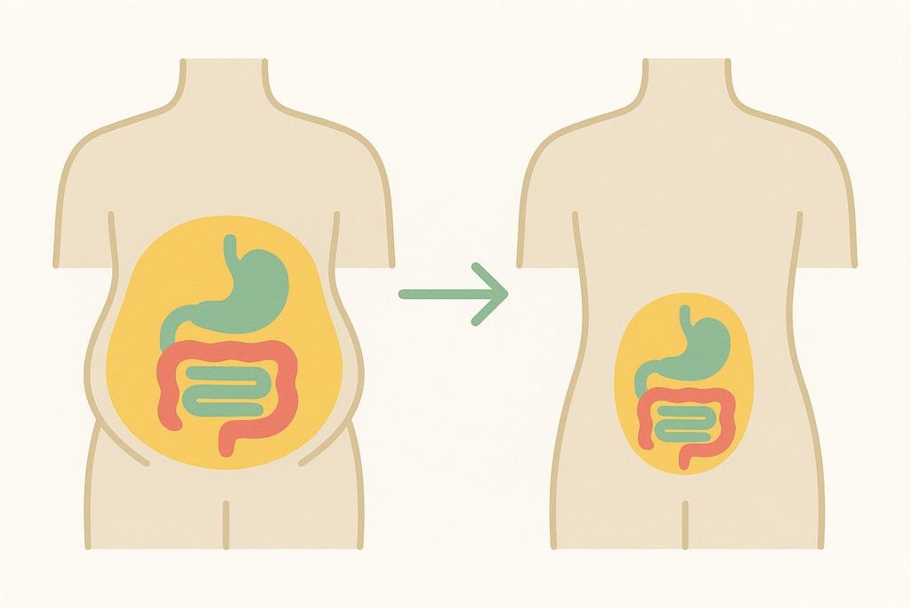 An illustration showing a before and after comparison of visceral fat reduction. The left image shows a torso with a large yellow area representing visceral fat surrounding green stomach and red intestines. The right image, indicated by an arrow, shows a slimmer torso with a significantly smaller yellow area of visceral fat around the same organs.