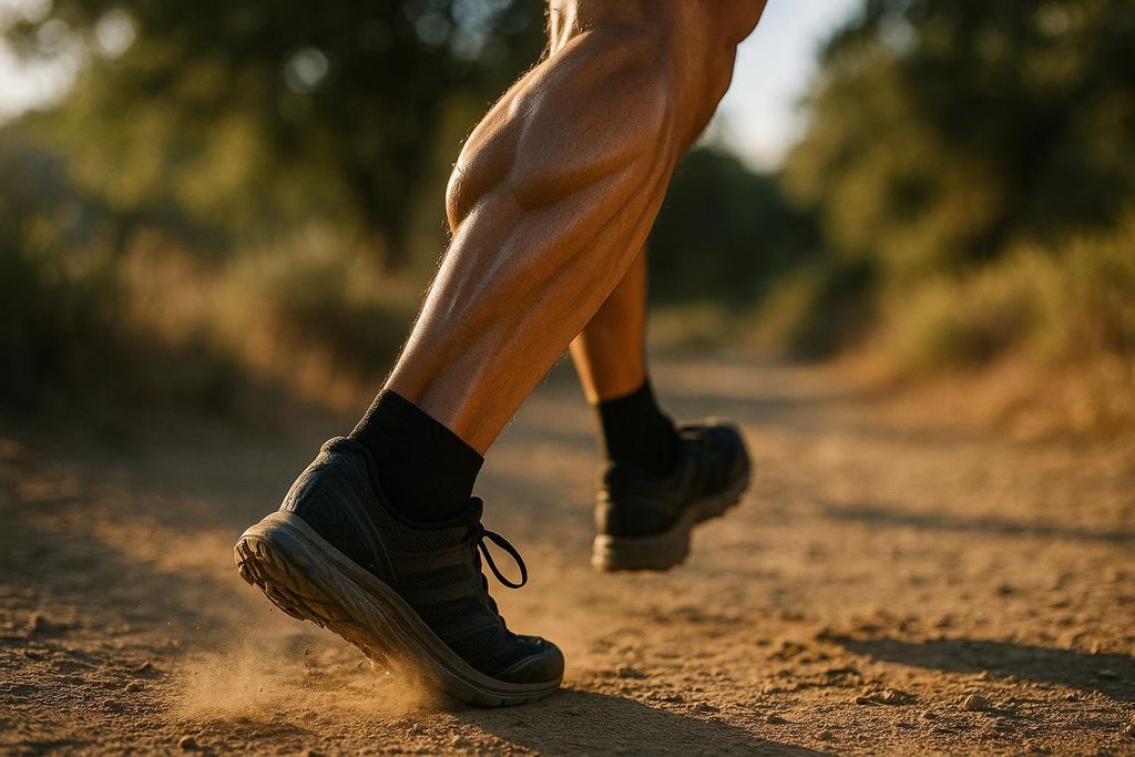 A close-up of strong leg muscles engaging during a walk.
