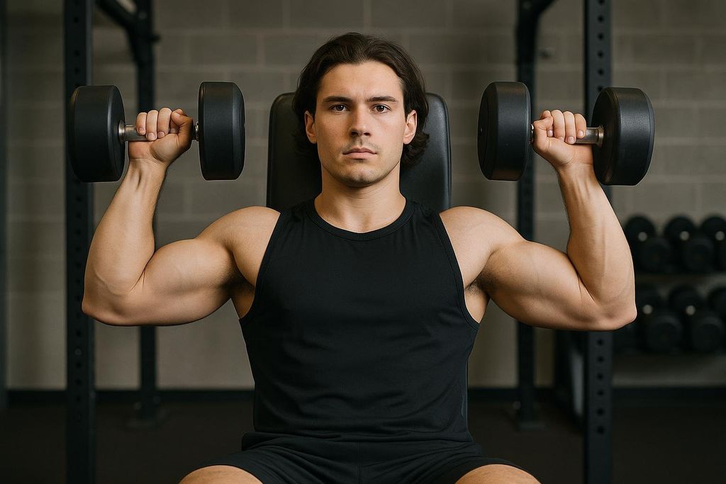 A man in a black tank top and shorts, performing a seated dumbbell shoulder press. He is in the bottom position of the exercise, with the dumbbells at shoulder level and his elbows bent. He is sitting on a black weight bench, looking straight at the camera. The background shows a gym setting with a grey brick wall and a rack of weights.