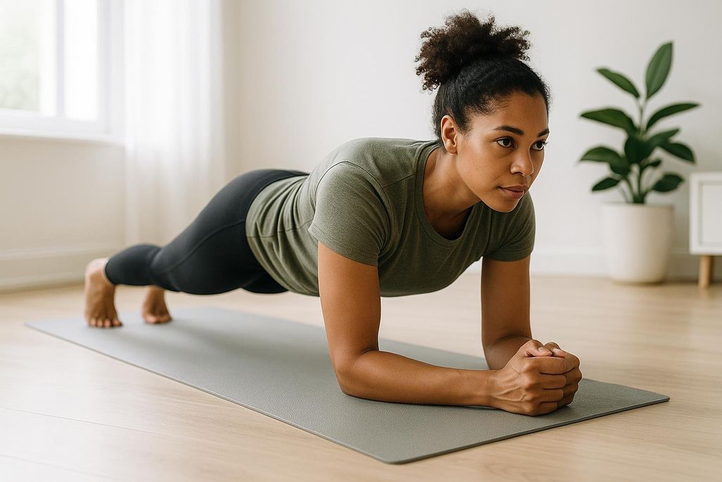 A woman holding a forearm plank pose on a grey yoga mat in a home setting with a plant in the background.