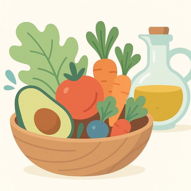 A stylized illustration of a wooden bowl filled with various healthy foods like avocado, tomato, carrots, and lettuce, alongside a glass pitcher of oil, possibly olive oil.