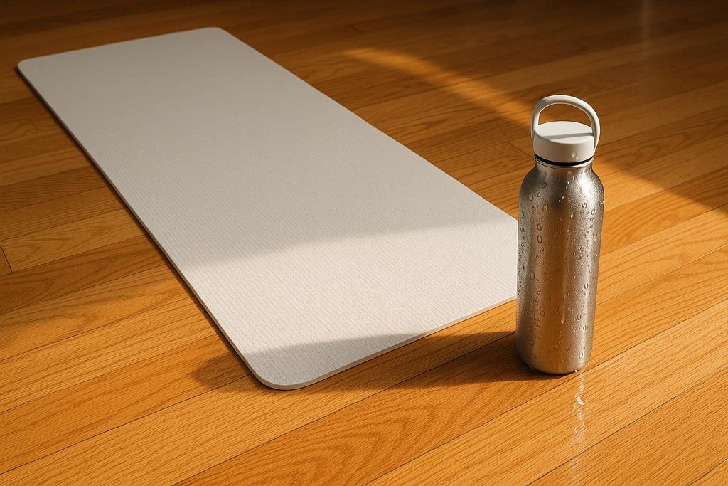 A close-up shot of a pristine white exercise mat lying on a wooden floor next to a sweating silver water bottle, ready for a workout.