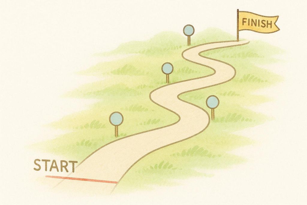 An illustration showing a winding path on green grass with a 'START' line at the beginning and a 'FINISH' flag at the end, symbolizing the journey to achieve fat loss goals.