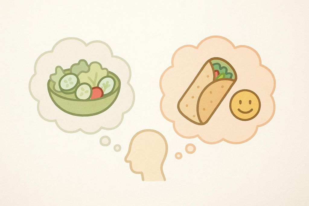 An illustration of a head in profile, surrounded by two thought bubbles. The left thought bubble contains an image of a bowl of salad, while the right thought bubble shows a burrito next to a smiling emoji, indicating satisfaction.