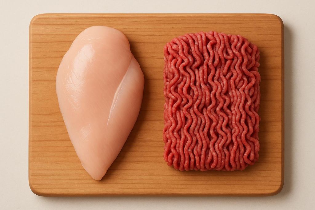 A raw chicken breast and ground beef patty are artfully arranged on a light brown wooden cutting board over a cream background.