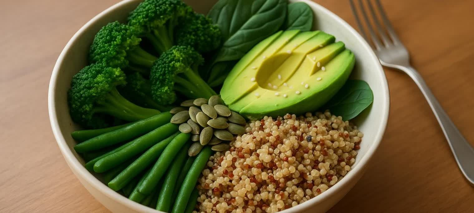 A close-up of a nutritious and balanced grain bowl, featuring green broccoli florets, fresh spinach leaves, a sliced avocado topped with sesame seeds, green beans, pumpkin seeds, and mixed quinoa.