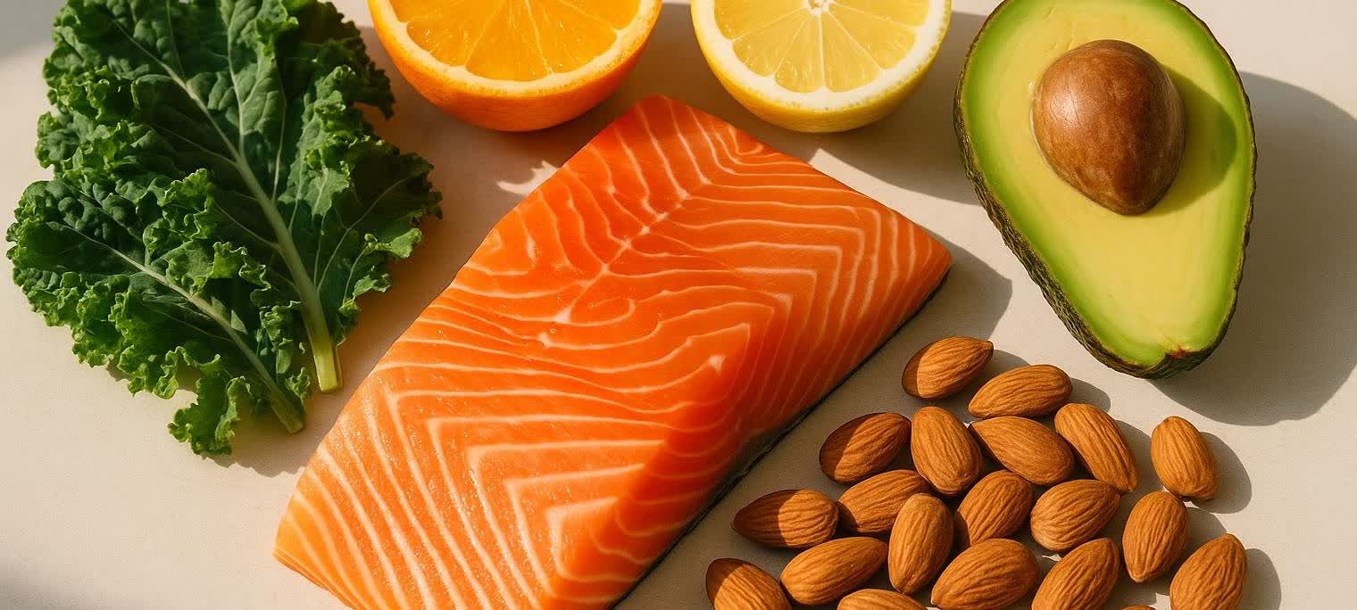 A flat lay of nutrient-dense whole foods, including a salmon fillet, kale leaves, half an avocado with its pit, several almonds, and slices of orange and lemon.