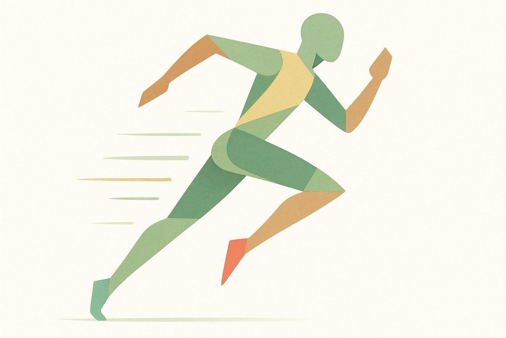 An illustration of a runner in a stylized, geometric silhouette. The runner is composed of varying shades of green, yellow, and orange shapes, against a light cream background, with speed lines behind them.