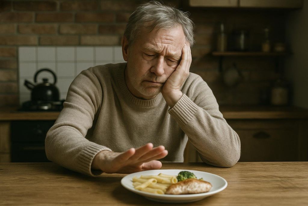 An older man, looking unwell and tired, sits at a wooden kitchen table with his hand under his chin. He gestures with his other hand, pushing away a plate of pasta, sausage, and broccoli.
