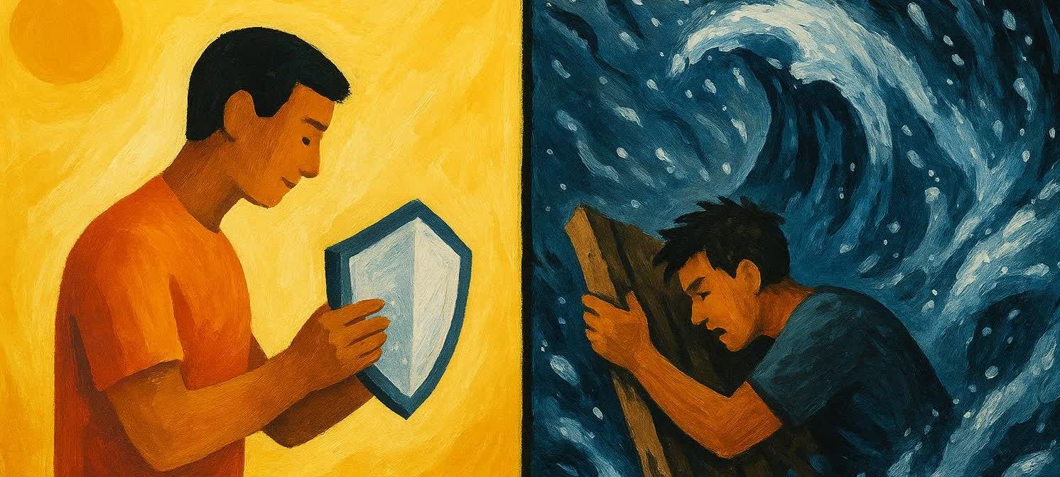 A split image contrasting proactive health (represented by a person calmly holding a shield against a yellow sunny background) with reactive care (represented by another person desperately holding a wooden plank against a turbulent blue wave), symbolizing the core shift in Medicine 3.0.